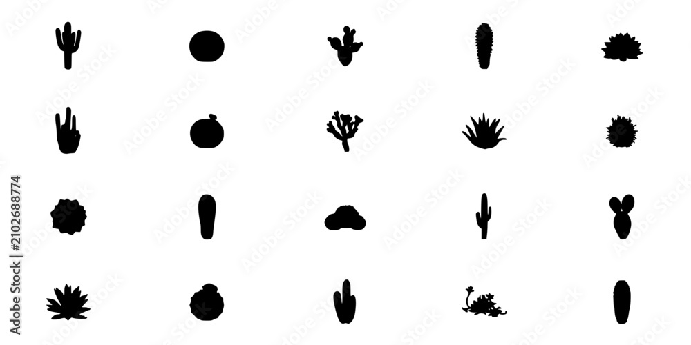 Fototapeta premium Cacti and Succulents in Black Silhouette Illustrations Featuring Plants, Desert, Nature with Icons and Vector Elements