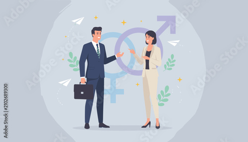 Professional businessman and businesswoman stand in front of large gender symbols, discussing equality and corporate diversity.