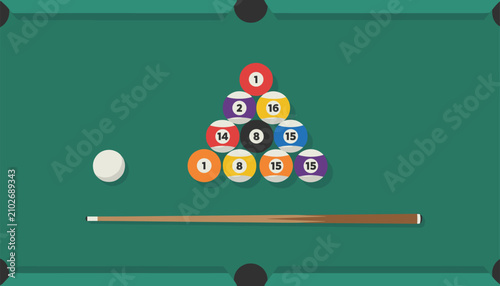 Overhead flat design illustration of a classic green billiard table arranged with a cue stick, white cue ball, and rack of pool balls.