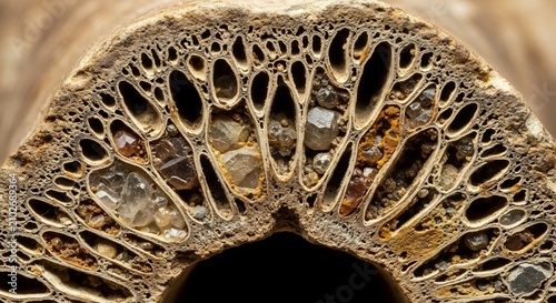 Macro View of Cross-Sectioned Plant Stem Showing Intricate Cellular Structure.