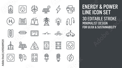 Принти на полотні Energy and Power Line Icons – Editable Stroke Set