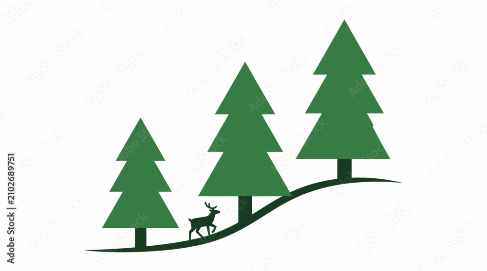 Obraz premium Minimalist Nature Logo with Green Pine Trees and a Deer Silhouette on a Hill Landscape