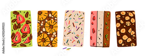 Foto Flat design artisan chocolate bar collection, matcha strawberry almond, milk pin