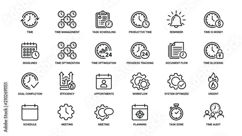 Set of business productivity and time management icons for workflow optimization and efficiency