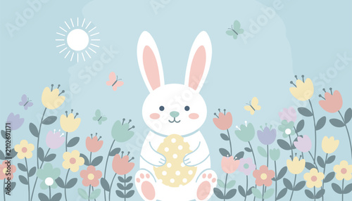 Adorable white Easter bunny sitting in a beautiful meadow of spring flowers while holding a yellow decorated egg.