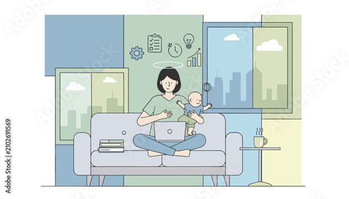 Working mother sits on a cozy sofa holding her baby while multitasking with a laptop computer at home.