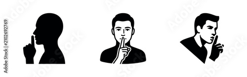Shush Gesture Icons: Silence, Quiet, and Confidentiality Symbols with Finger on Lips
