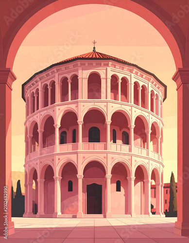 Minimalist flat vector travel poster of Parma Italy featuring the historic pink marble medieval baptistery. Retro Italian landscape illustration with copy space.