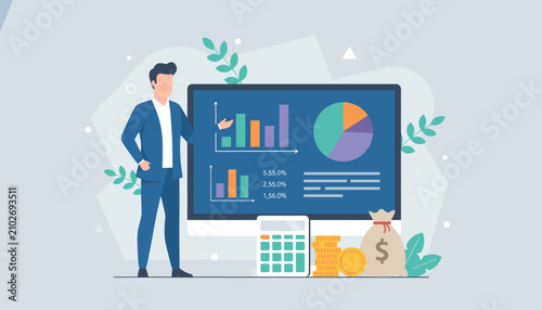 Businessman standing next to a computer monitor presenting financial charts, bar graphs, and pie charts with money bag.
