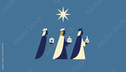 Three wise men in colorful robes walking under bright shining star to deliver gifts for Epiphany celebration.