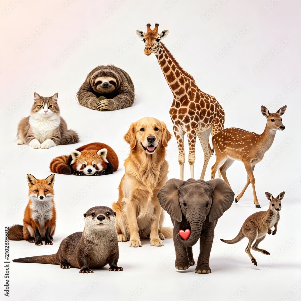 Obraz premium Collection of Wild and Domestic Animals Giraffe Dog Deer Sloth Fox Otter on White Background
