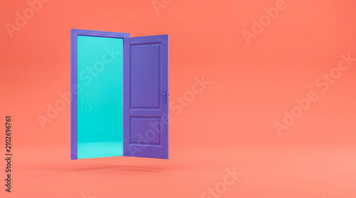 Minimal surreal scene featuring an open purple door revealing a glowing turquoise interior against a coral background. Modern conceptual design symbolizing opportunity, transition and new beginnings.