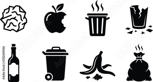Bild auf Leinwand Garbage and waste icons set with crumpled paper bitten apple smelly trash bin broken glass bottle wheelie bin banana peel and bag