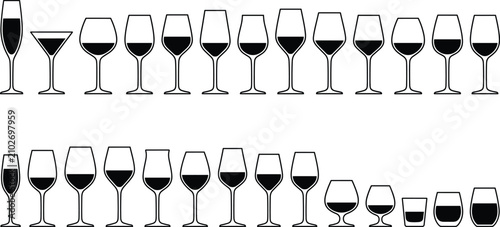 Bild auf Leinwand Wine glasses and stemware type icons set including champagne flute martini coupe goblet brandy snifter tumbler and alcohol glassware vector illustration
