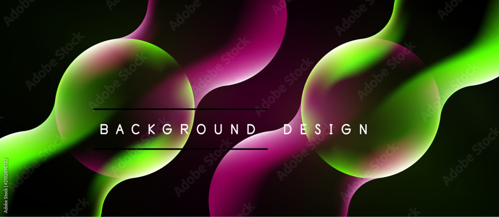 Naklejka premium Abstract fluid shapes, vibrant magenta, green hues. Dark background creates dynamic visual contrast. Modern design element.