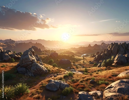 Sunset over rocky mountain landscape scene.