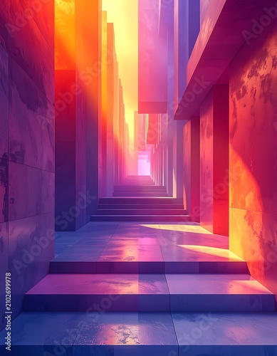 Vibrant colorful cityscape alleyway perspective.