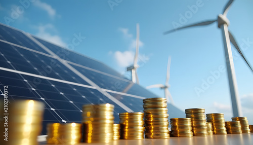 Renewable energy investment growth with solar panels and wind turbines