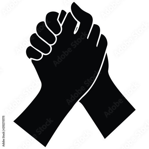 Hands in arm wrestling grip silhouette, illustration of strength and unity.