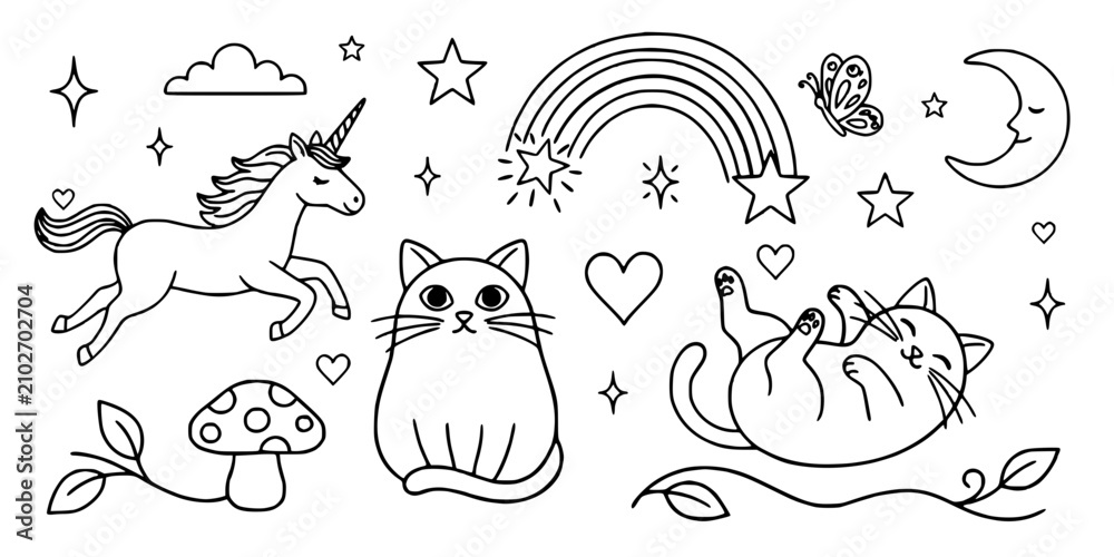 Fototapeta premium Cats and Unicorn in Whimsical Doodle Illustration with Stars, Rainbow, and Moon Featuring Cat, Cute, Magical with Fantasy