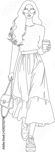 Fashionable Woman Walking with Coffee Cup Line Art Vector Illustration