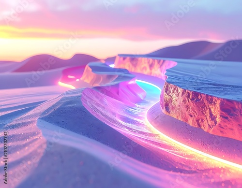 Vibrant neon desert landscape with mountains.