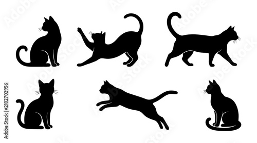 Photography Set of black cat silhouettes in various poses isolated on white background