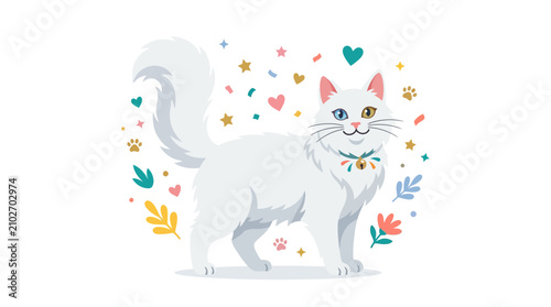 Konstfotografi Cute white fluffy cat with heterochromia eyes surrounded by colorful decorative elements