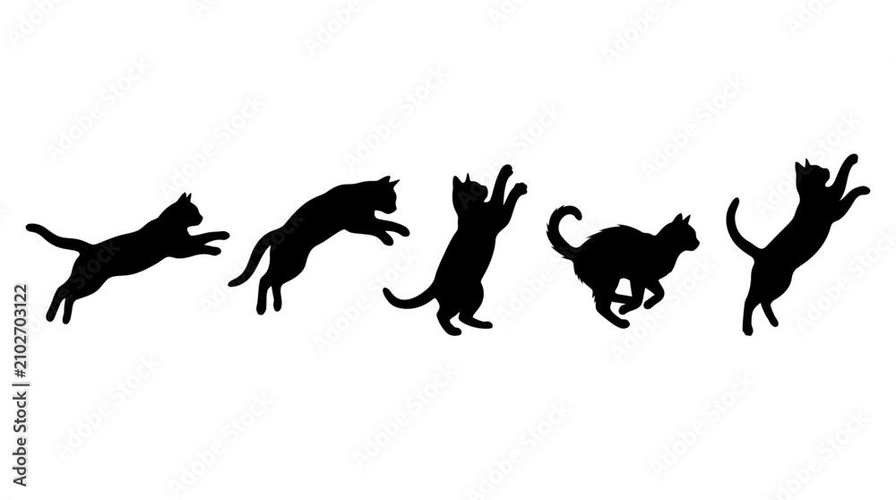 Fototapeta premium Set of black silhouettes of cats jumping and playing in different poses.
