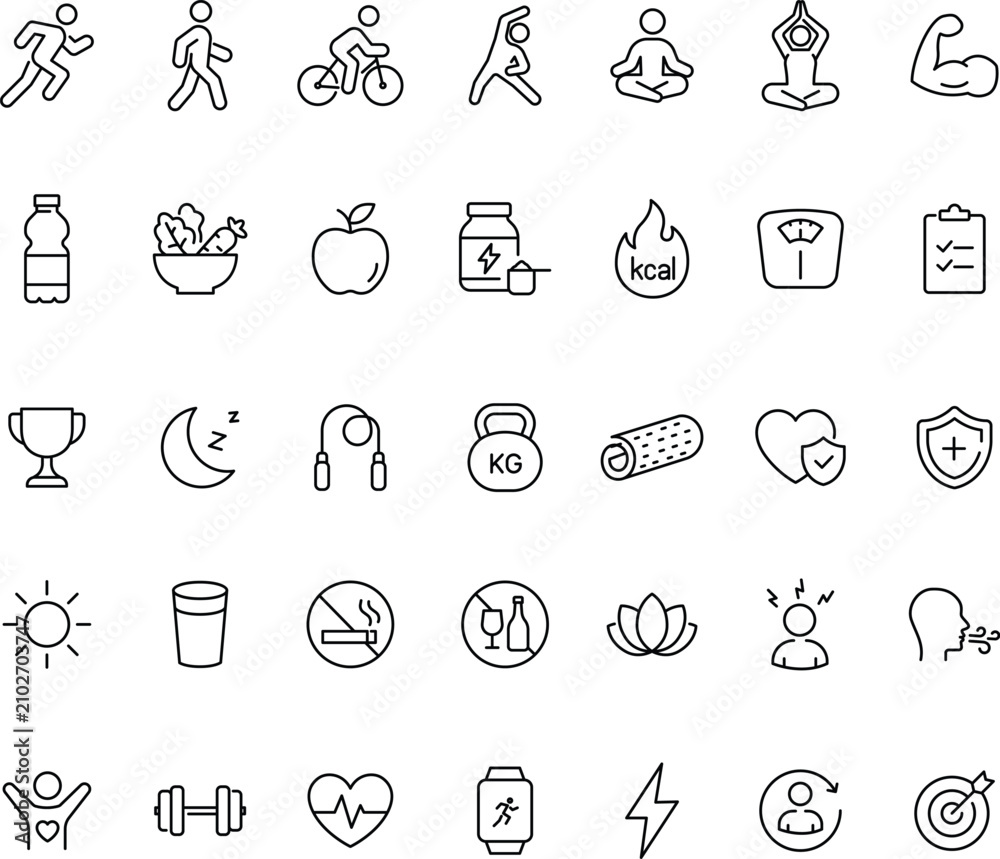 Fototapeta premium Sport and fitness set of web icons in line style. Gym and health care icons. Nutrition and dieting, training, body care, healthy food, workouts, muscles, weight and more