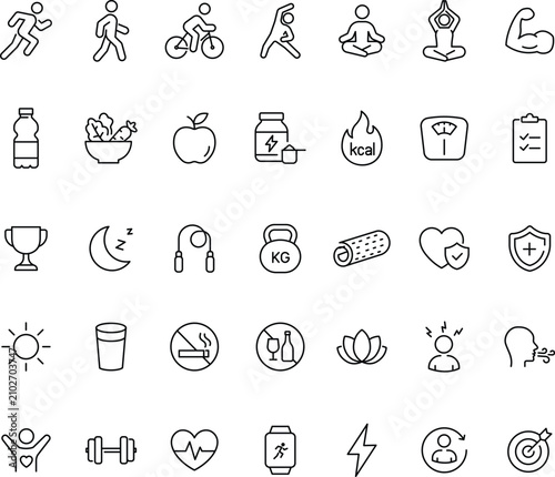 Sport and fitness set of web icons in line style. Gym and health care icons. Nutrition and dieting, training, body care, healthy food, workouts, muscles, weight and more