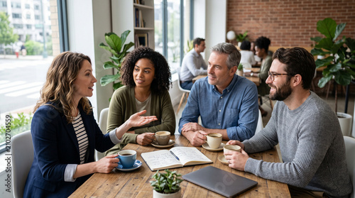 Group of diverse professional colleagues having casual business meeting over coffee break.