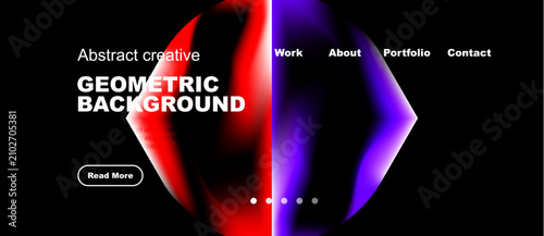 Photos Abstract design features vibrant colors, geometric shapes, text overlays, navigation menu