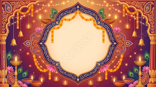 Elegant Diwali festival background featuring glowing diya lamps, marigold garlands, and a central decorative arch frame with copy space.
