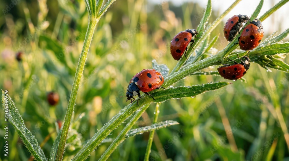 Fototapeta premium Closeup of Ladybugs on a Green Plant Stem in Morning Light.