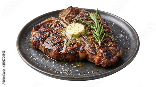 Grilled t-bone steak with herb butter on dark plate t bone rosemary restaurant barbecue culinary delicious gastronomy nutrition meatloaf as isolated object