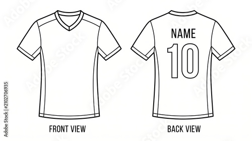 Front and Back View of a Blank V Neck Soccer Jersey Template with Customizable Name and Number