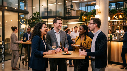 Colleagues networking and socializing during happy hour corporate event in modern lounge.