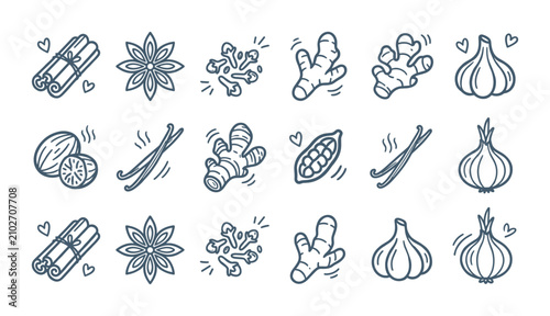Hand-drawn line art spice collection with ginger, garlic, and cinnamon icons.