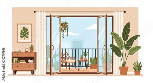 Cozy Modern Living Room Interior with Open Balcony Doors, Urban Apartment View and Houseplants Vector Illustration