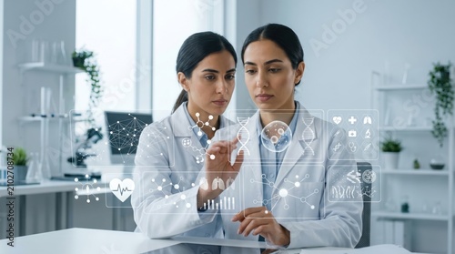 Two female scientists analyzing DNA structure and medical data on holographic display screen in modern laboratory, researching biotechnology, genetics and healthcare innovation ...