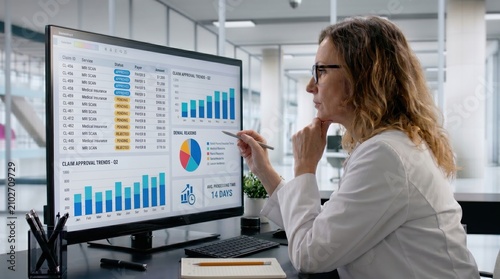 Professional businesswoman analyzing financial data charts on large monitor screen, focused on quarterly trends and statistics in modern corporate office workspace.