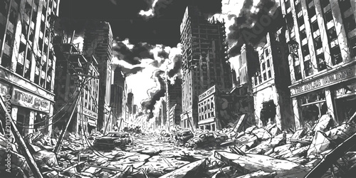 Photos Ruined city street with destroyed buildings and rubble after a catastrophic war