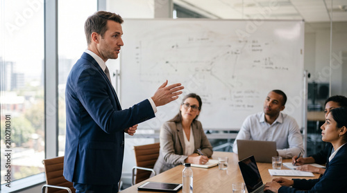 Male professional leading presentation in meeting room with colleagues watching and listening.