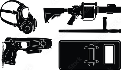 Quadro su tela Black silhouette vector set of riot police equipment with gas mask, shield, stun