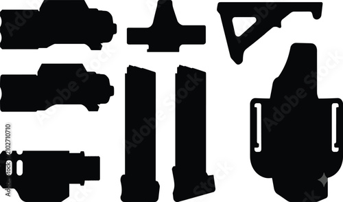 Obraz na płótnie Black silhouette vector set of tactical pistol accessories, weapon lights, magaz