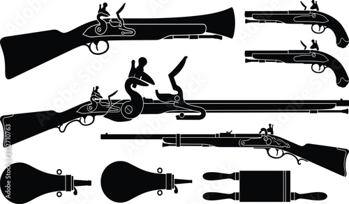 Bild auf Leinwand Vintage antique firearms silhouette vector set featuring flintlock pistols, musk