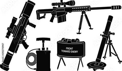 Obraz na płótnie Heavy military weapon silhouette vector set featuring sniper rifle, mortar, mine