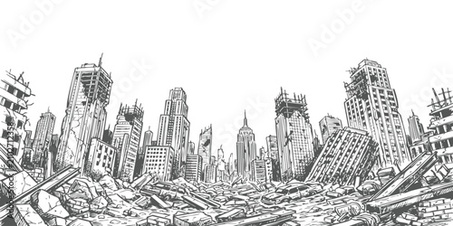 Bild auf Leinwand Black and white hand drawn sketch of a ruined city with collapsed buildings and