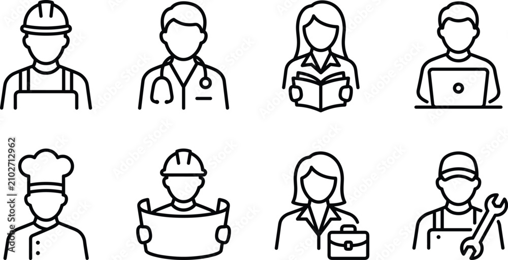 Fototapeta premium Professional Occupations and Job Career Character Avatar Icon Set for Recruitment Websites Employment Apps and Graphic Designs